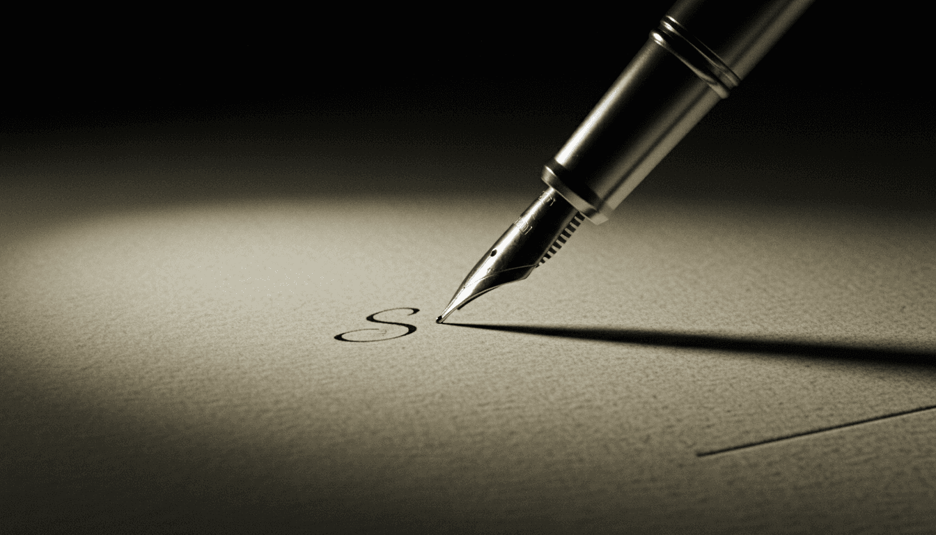 Close-up of a fountain pen tip on cream paper with selective dramatic lighting